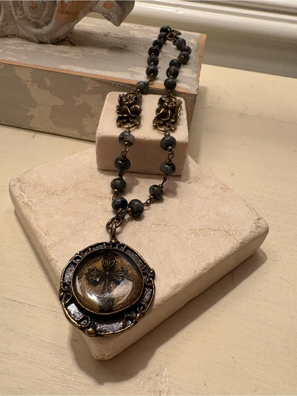 Gray Jasper Cross Medallion Necklace